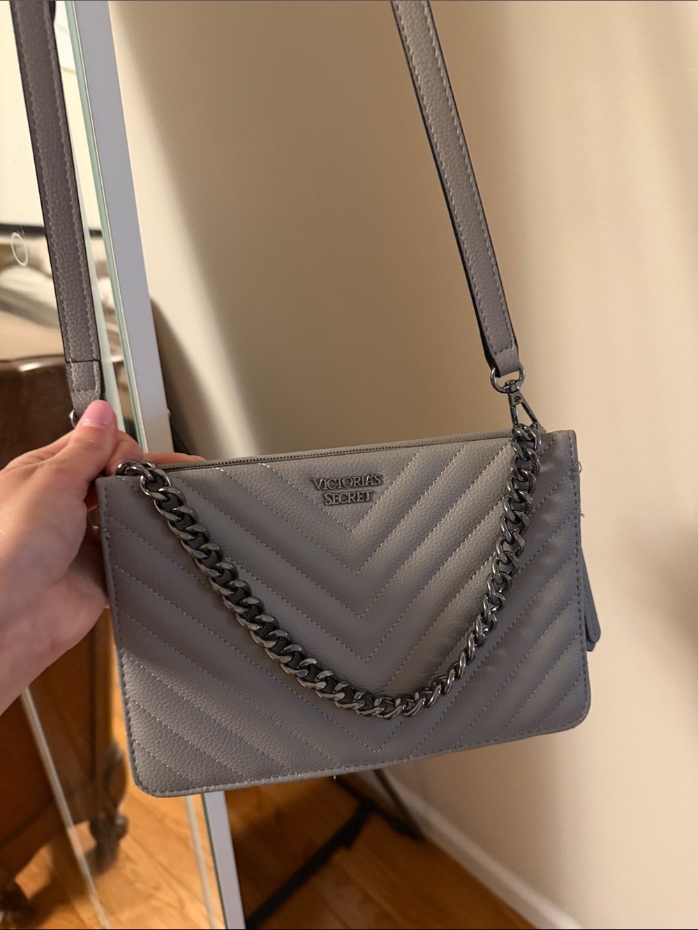 Victoria's Secret Gray Quilted Crossbody with Chain Detail